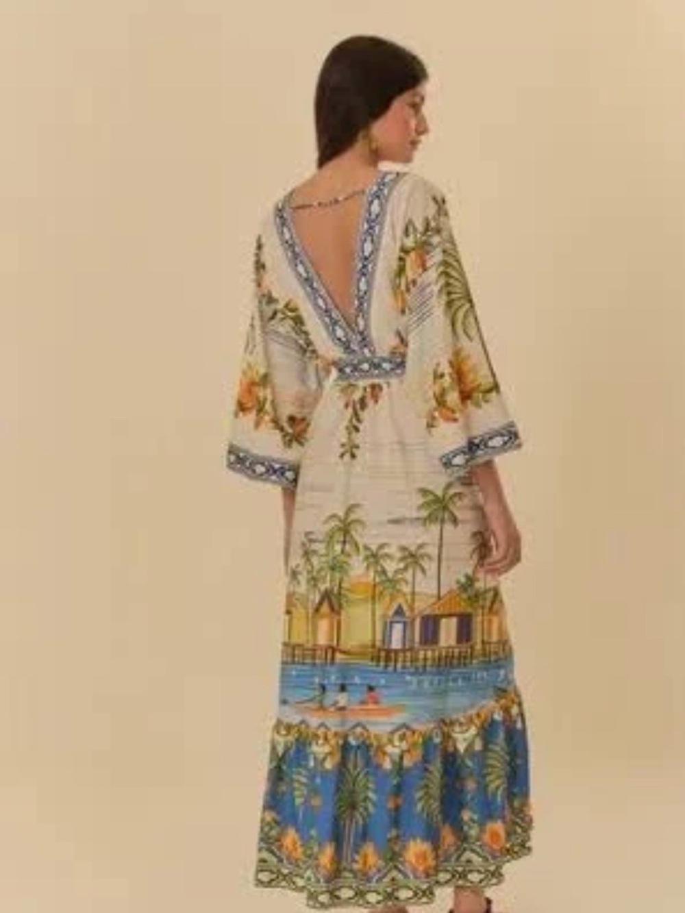 FARM Rio Cream Maxi Dress with Blue and Yellow Coastal Print - Picture 2 of 2